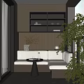 Home Balcony Design with Corner Sofa Round Table Wooden Panel Shelves and Green Plant