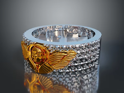 Stylish Silver Fashion Ring With Golden Wing Heart Emblem And Diamond Inlays 3d model