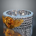 Stylish Silver Fashion Ring With Golden Wing Heart Emblem And Diamond Inlays