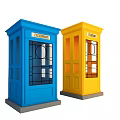 Vintage Blue and Yellow Telephone Booths with Glass Windows and Telephone Signs