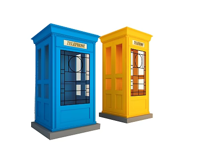 Vintage Blue and Yellow Telephone Booths with Glass Windows and Telephone Signs 3d model