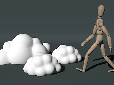 Wooden mannequin walking beside soft fluffy white clouds on gray background in simple scene 3d model