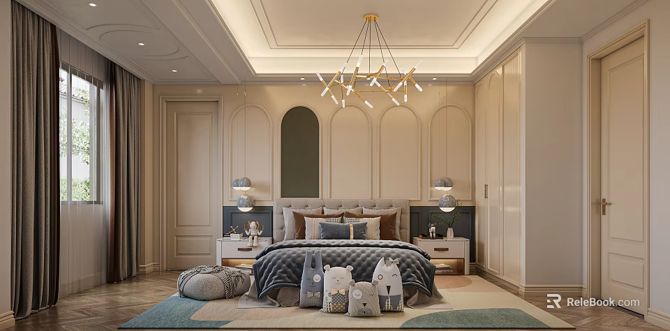 Modern Luxury Bedroom Interior With Beige Walls Arched Accents Chandelier Bedside Tables Lamps And Rug 3d model 