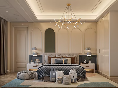 Modern Luxury Bedroom Interior With Beige Walls Arched Accents Chandelier Bedside Tables Lamps And Rug 3d model