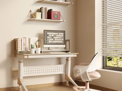 Cozy Home Office Interior With Desk Computer Monitor Bookshelves And Chair 3d model