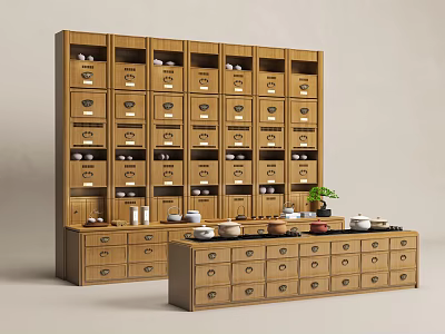 Traditional Pharmacy Interior With Wooden Medicine Cabinets Drawers Medicine Jars And Plants 3d model