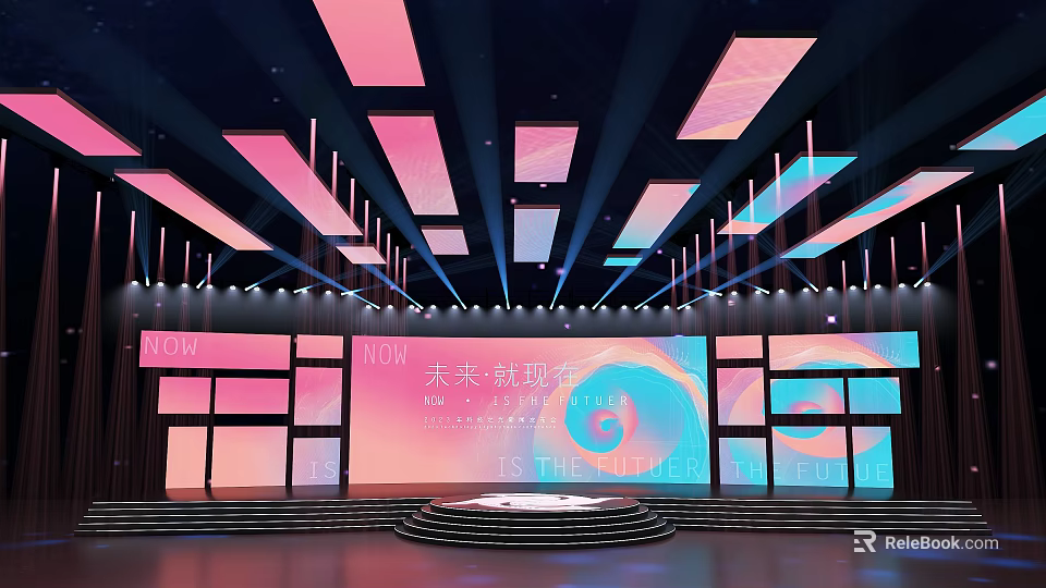Future Themed Stage Design With Large Screen Pink Blue Lighting And Backdrop 3d model 