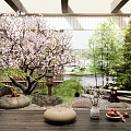Tranquil Courtyard Garden With Cherry Blossom Tree Lantern Stones Round Cushion Bamboo And Wooden Floor