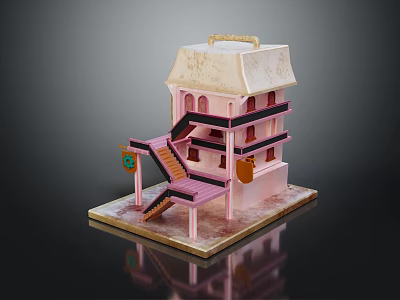 Pink Multi Story Building Model with Exterior Staircase Balcony and Decorative Roof 3d model