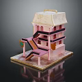 Pink Multi Story Building Model with Exterior Staircase Balcony and Decorative Roof