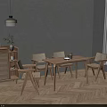 Wooden Dining Table And Chairs In Minimalist Room With Woven Cabinet Hanging Lamp Herringbone Floor