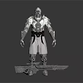 Mythical Warrior Character In Silver Metallic Armor With Large Blade Weapon Standing Pose