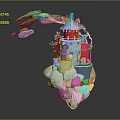 Cartoon Scene Featuring Red Blue Building Green Plant Yellow Bucket Pink Smoke On Clouds