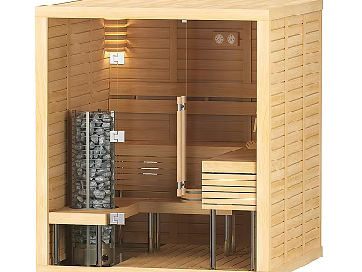 Shower Sauna Interior Design With Wooden Walls Sauna Stones Heater And Seating Area 3d model