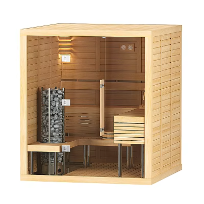 Shower Sauna Interior Design With Wooden Walls Sauna Stones Heater And Seating Area 3d model