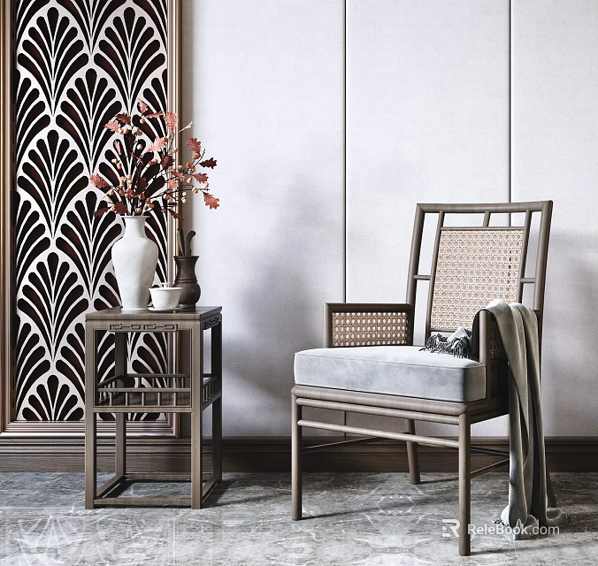 Elegant Modern Armchair With Rattan Backrest And Upholstered Seat By Side Table With Vase And Decorative Wall 3d model 