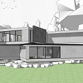 Modern White Detached Villa on Hillside with Green Lawn Palm Trees and Lush Vegetation