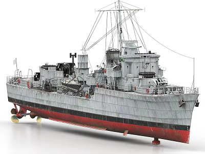Detailed Warship Model With Gray Hull Red Bottom Turrets Antennas And Deck Details 3d model