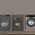 Three Modern Washing Machines With Round Doors And Control Panels On Wooden Floor