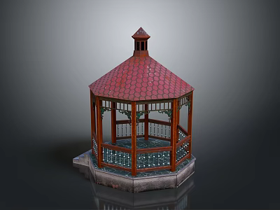 Traditional Wooden Hexagonal Gazebo With Red Tiled Roof And Stone Base 3d model