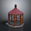 Traditional Wooden Hexagonal Gazebo With Red Tiled Roof And Stone Base