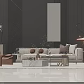 Stylish Modern Beige Sofa Coffee Table Set With Marble Top And Accent Chair Decorative Plant