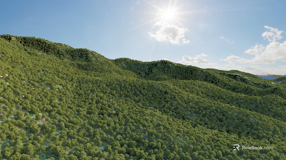 Beautiful Rolling Green Mountains Covered in Dense Forest Under Sunlight Blue Sky and White Clouds 3d model 