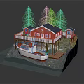 Red Wooden Waterfront House With Pine Trees Boat Dock And Stairs