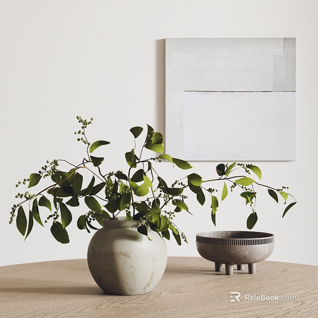 Minimalist Modern Decorative Ornament Set With White Vase Green Foliage And Light Gray Bowl 3d model 