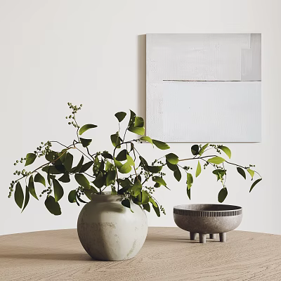 Minimalist Modern Decorative Ornament Set With White Vase Green Foliage And Light Gray Bowl 3d model