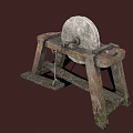 Rustic Decorative Garden Ornament With Stone Millstone And Wooden Stand Structure