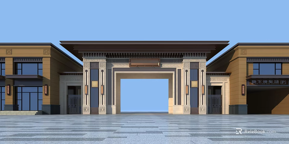 Traditional Chinese Entrance Gate With Symmetrical Pillars Ornate Roof And Stone Plaza 3d model 