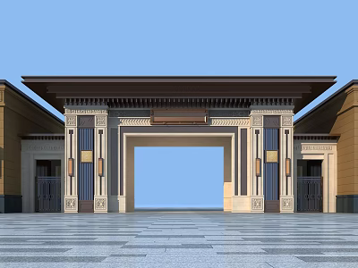 Traditional Chinese Entrance Gate With Symmetrical Pillars Ornate Roof And Stone Plaza 3d model