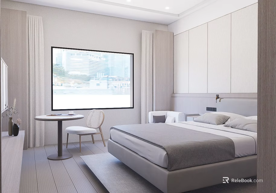 Modern Hotel Room Interior With Comfortable Bed Large Window And Wooden Flooring 3d model 
