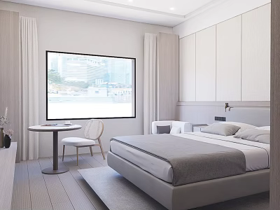 Modern Hotel Room Interior With Comfortable Bed Large Window And Wooden Flooring 3d model