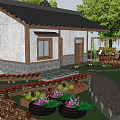 Traditional Courtyard Pergola With Garden Plants Stone Path And Wooden Furniture