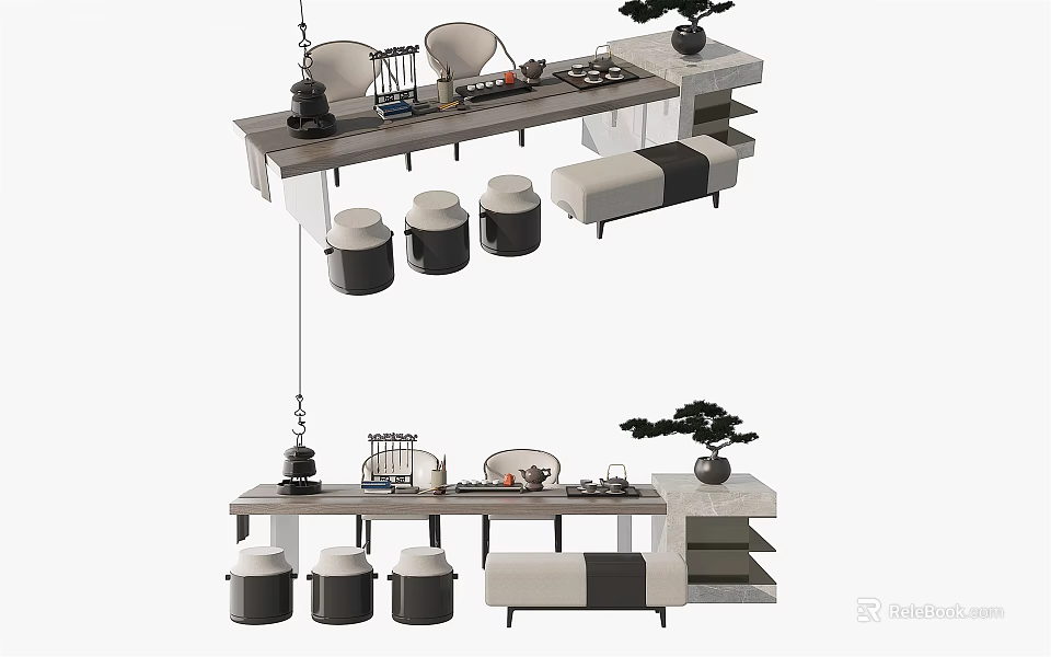 Modern Tea Table and Chairs Set with Stools Teacups and Decorative Plant 3d model