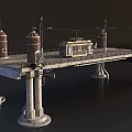 Vintage Tram Moving On Historic Bridge With Railway Track Brick Towers And Electric Poles