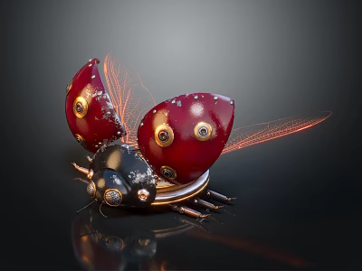 Ladybug Shaped Smart Machine With Red Shell Golden Details And Mechanical Wings 3d model Ladybug Shaped Smart Machine With Red Shell Golden Details And Mechanical Wings 3d model