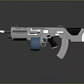 Modern Tactical Rifle With Silver Black Body Blue Drum Magazine And Sleek Grip Design