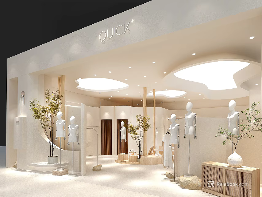 QUICK Modern Clothing Store Interior With White Mannequins Plants And Minimalist Design 3d model 