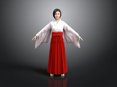 Woman Wearing Traditional Kimono With White Top Red Skirt And Red Obi 3d model
