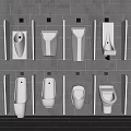 Modern Urinals with Various Designs Arranged on Grey Tiled Wall