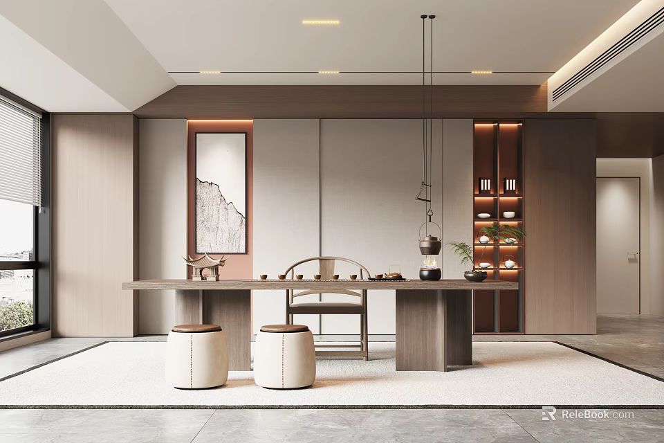 Minimalist Tea Room Interior Design With Wooden Table Chairs Pendant Lights And Decorative Shelves 3d model 