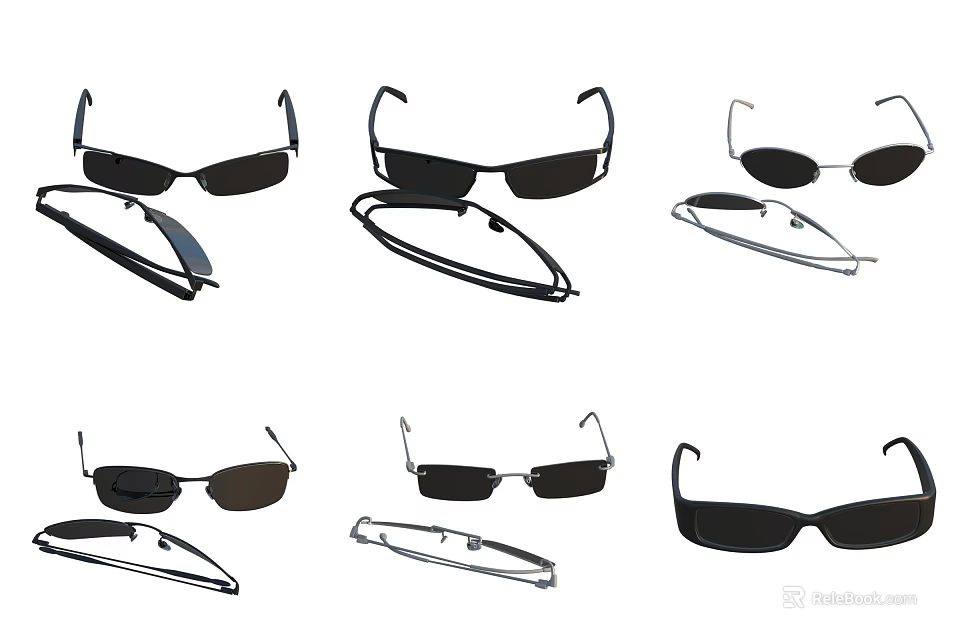 Assorted Sunglasses Collection Featuring Various Frame Styles And Black Lenses 3d model 