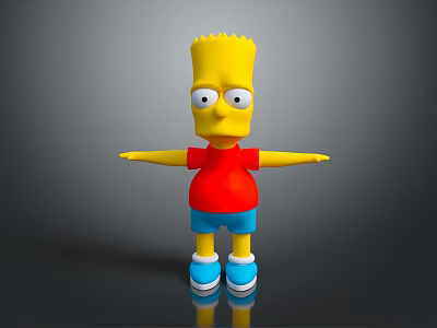 Bart Simpson Character With Yellow Skin Spiky Hair Red Shirt Blue Shorts And Arms Outstretched 3d model