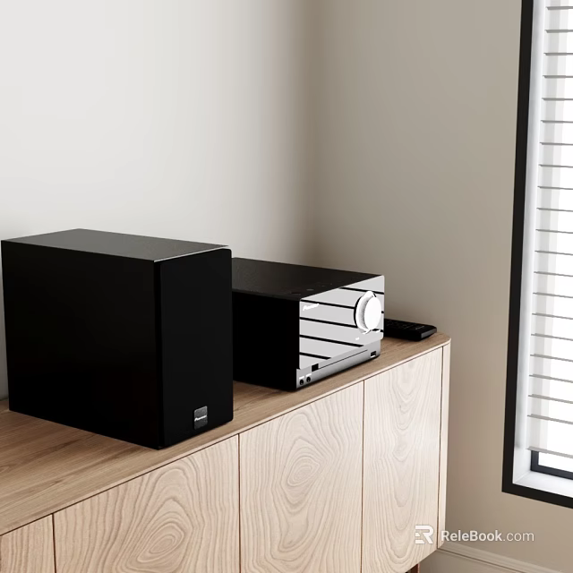 Black Audio Speaker System On Wooden Cabinet With Remote Control And Window Blinds 3d model 