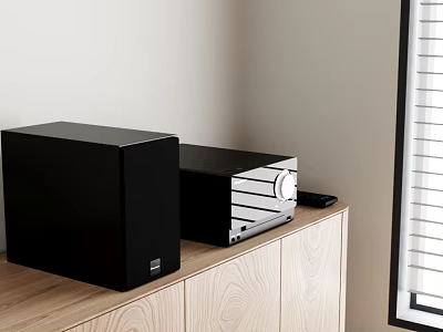 Black Audio Speaker System On Wooden Cabinet With Remote Control And Window Blinds 3d model