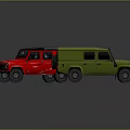 Red and Green Off Road SUVs with Black Roofs and Spare Tire Design