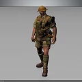 Bearded Military Soldier In Yellow Helmet And Khaki Uniform With Backpack Puttees And Boots